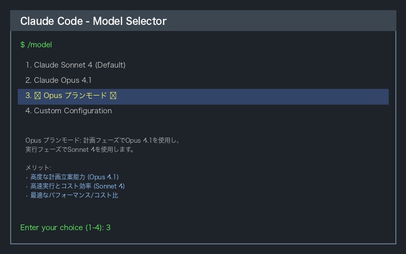 Claude Codeのモデルセレクター画面