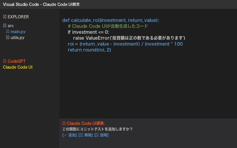 VSCodeでのClaude Code UIとCodeGPT統合画面