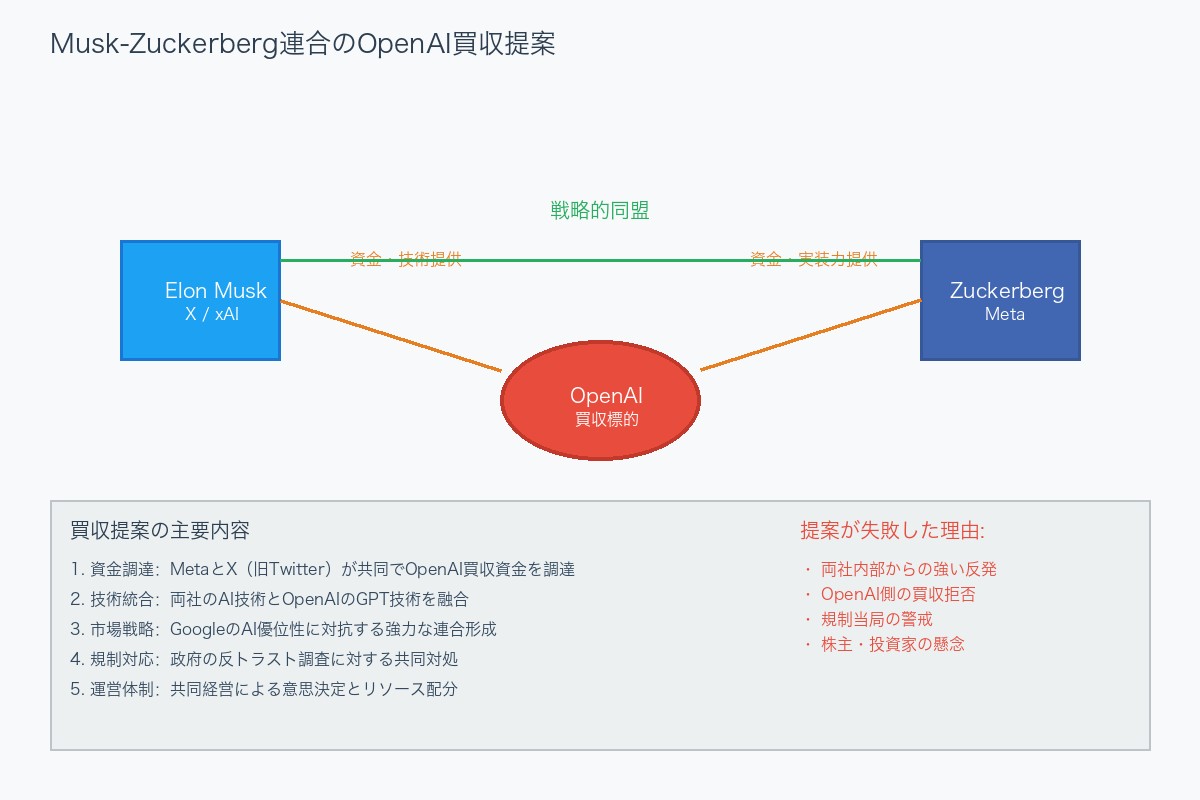 Elon MuskとMark ZuckerbergのOpenAI買収提案を表す概念図