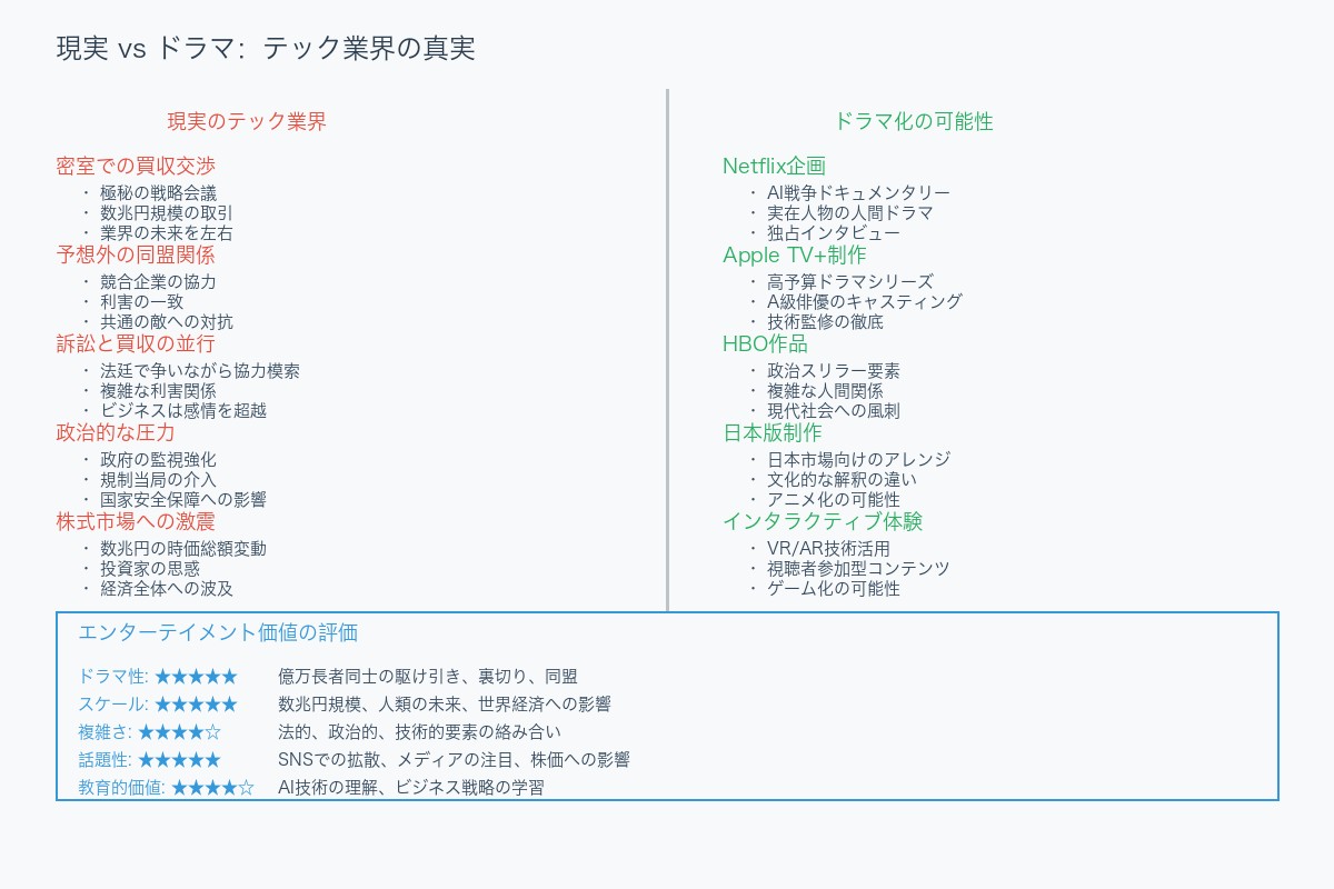 テック業界の現実とドラマ化の可能性を比較した図