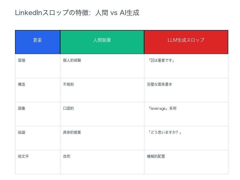 LinkedInスロップの特徴：人間 vs AI生成