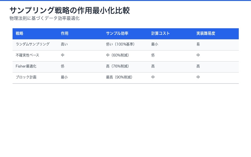 サンプリング戦略別の作用最小化比較