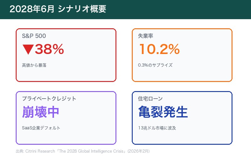 2028 Global Intelligence Crisisの主要数値：S&P38%下落、失業率10.2%
