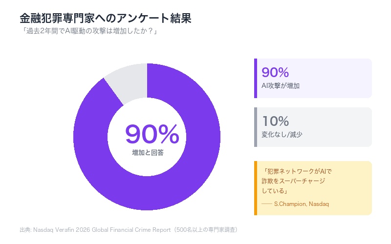金融犯罪専門家の90%がAI駆動攻撃の増加を報告する円グラフ