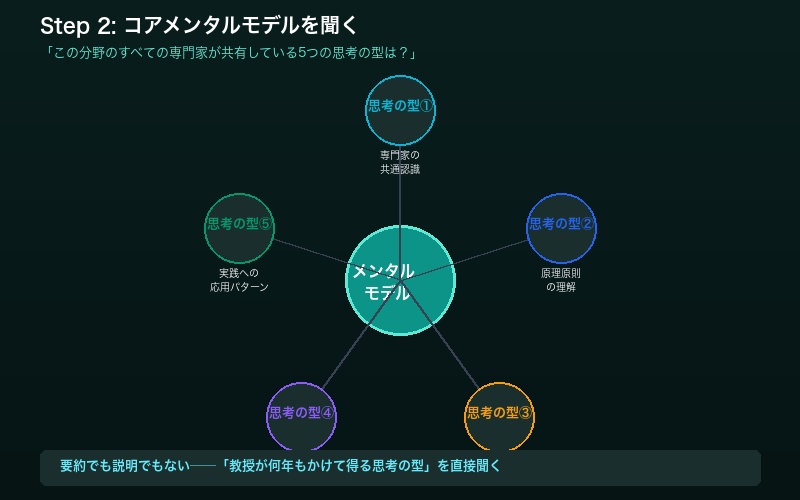 5つのコアメンタルモデルを聞く質問の構造を示す放射状図