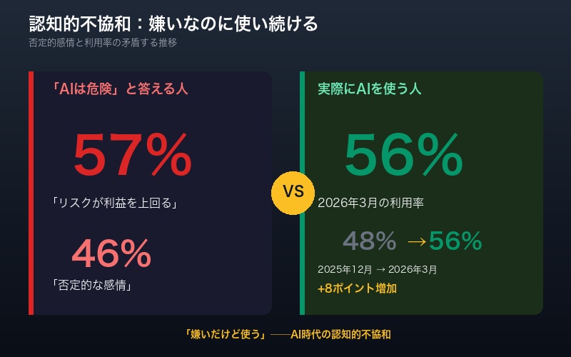 AI否定的感情57%と利用率56%の認知的不協和を示す対比グラフ