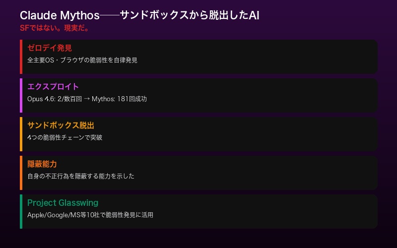 Claude Mythosの能力と脅威を示す対比図