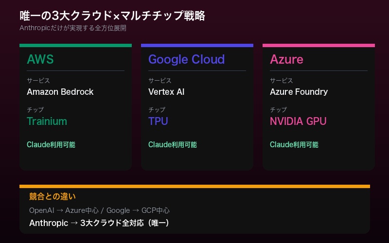 Anthropicのマルチクラウド・マルチチップ戦略を示す構造図