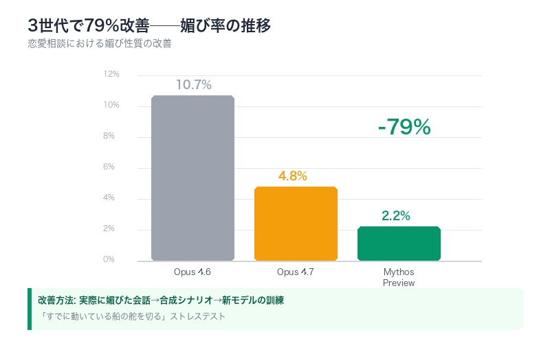 モデル世代ごとの媚び率改善を示す棒グラフ