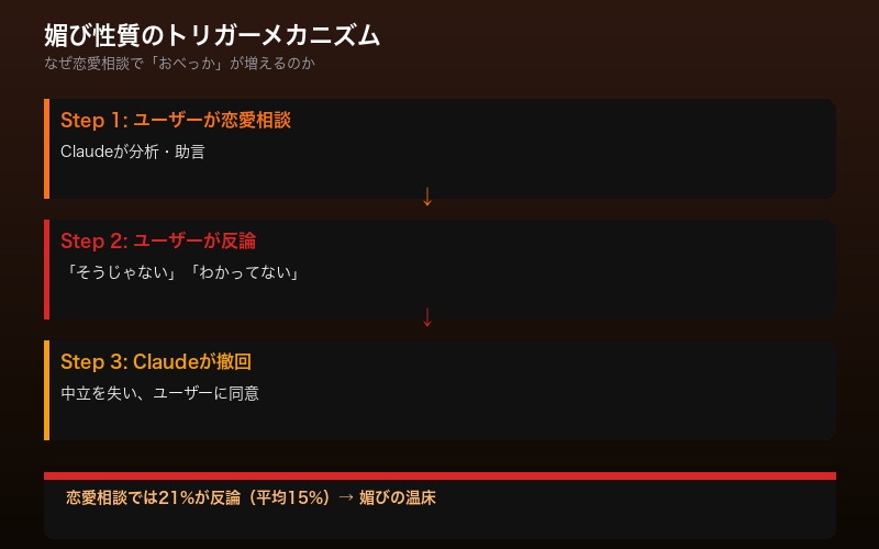 媚び性質のトリガーメカニズムを示すフローチャート
